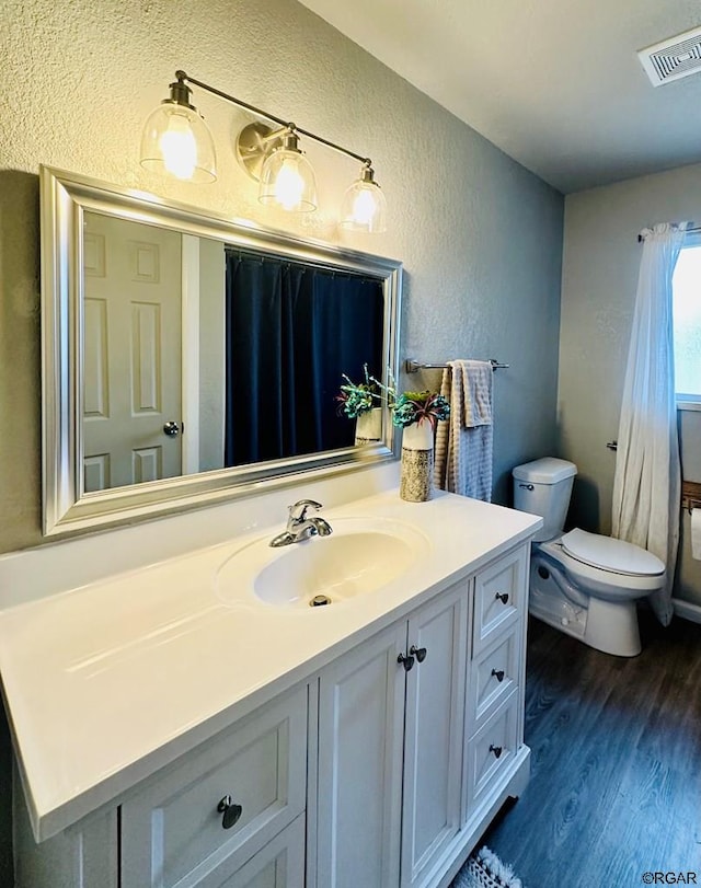 bathroom with vanity, wood-type flooring, and toilet