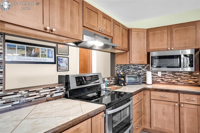925 2nd St, Penrose, CO 81240 - kitchen featuring stainless steel appliances, decorative backsplash, and under cabinet range hood