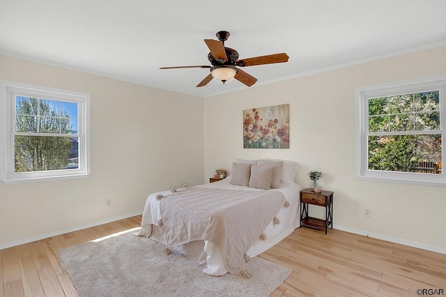 bedroom with ceiling fan and light wood-type flooring