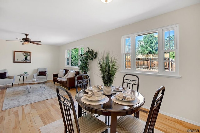 dining space featuring a wealth of natural light, ceiling fan, and light hardwood / wood-style flooring