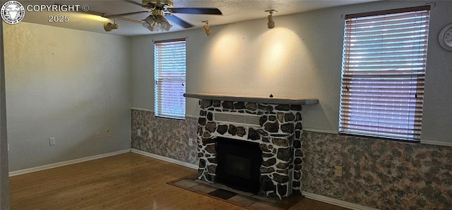 1540 Lombard St, Canon City, CO 81212 - living area featuring ceiling fan, wood finished floors, and a fireplace