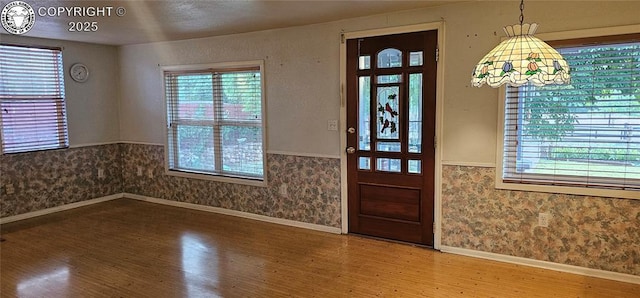 1540 Lombard St, Canon City, CO 81212 - entryway with wood finished floors, plenty of natural light, a wainscoted wall, and wallpapered walls