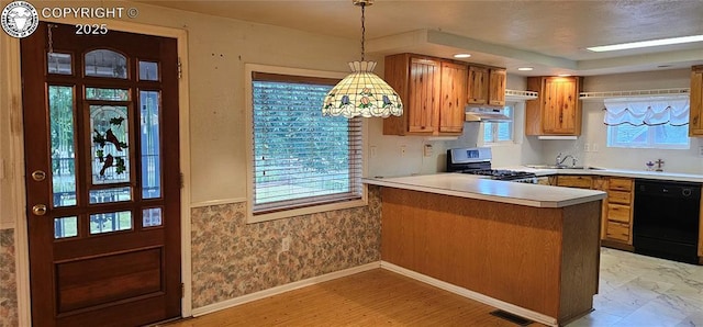 1540 Lombard St, Canon City, CO 81212 - kitchen featuring stainless steel range with gas stovetop, dishwasher, under cabinet range hood, brown cabinets, and a peninsula