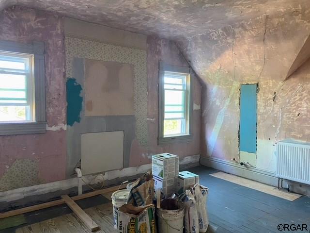 bonus room with plenty of natural light, radiator heating unit, and lofted ceiling