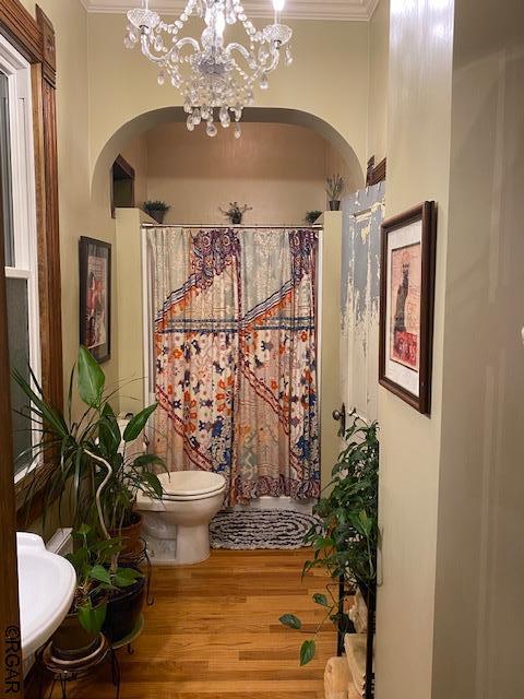 bathroom featuring hardwood / wood-style flooring, a notable chandelier, toilet, crown molding, and a shower with shower curtain