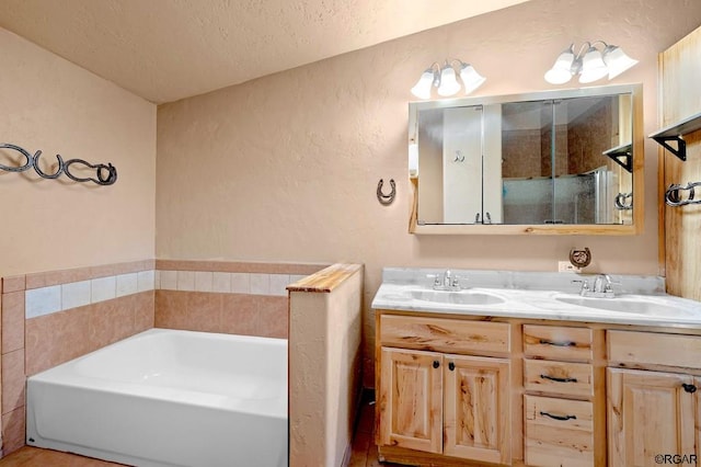 bathroom featuring a bathing tub, vanity, and a textured ceiling