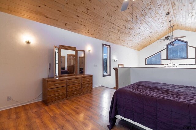 bedroom featuring vaulted ceiling, wood-type flooring, wooden ceiling, and ceiling fan