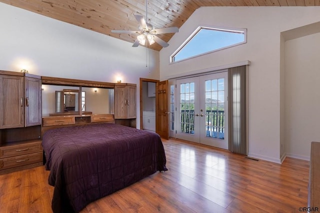 bedroom with wood ceiling, light hardwood / wood-style flooring, ceiling fan, access to outside, and french doors