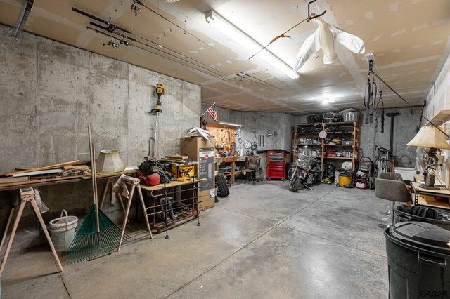 basement with a workshop area