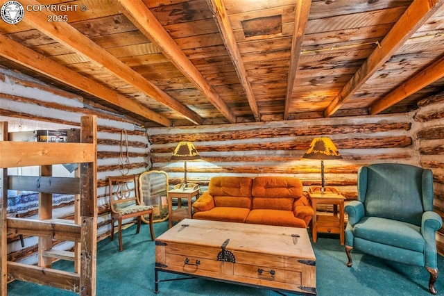 161 Shannon Rd, Cotopaxi, CO 81223 - sitting room featuring a wooden ceiling with exposed beams, carpet flooring, and rustic walls
