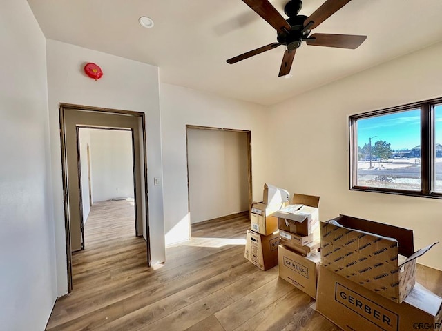 living area featuring ceiling fan and light hardwood / wood-style floors