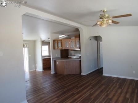 kitchen with ceiling fan, dark hardwood / wood-style floors, and kitchen peninsula