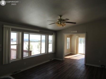 unfurnished room featuring ceiling fan, lofted ceiling, and dark hardwood / wood-style flooring