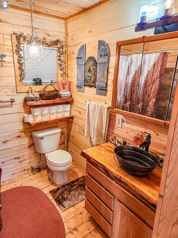 297 S Matterhorn Cir, Westcliffe, CO 81252 - full bath with vanity, a shower with shower curtain, wooden walls, hardwood / wood-style flooring, and toilet