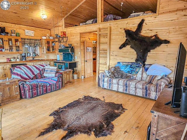 297 S Matterhorn Cir, Westcliffe, CO 81252 - living room with hardwood / wood-style floors, vaulted ceiling, wooden walls, and wood ceiling