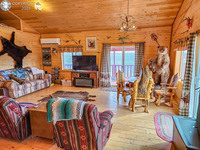 297 S Matterhorn Cir, Westcliffe, CO 81252 - living room with wooden walls, wood ceiling, a wall unit AC, and vaulted ceiling
