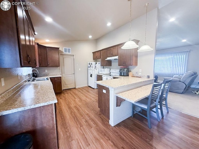 2794 Elizabeth St, Canon City, CO 81212 - kitchen with under cabinet range hood, light wood-style flooring, a kitchen bar, white appliances, and vaulted ceiling