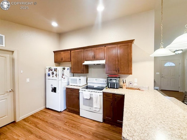 2794 Elizabeth St, Canon City, CO 81212 - kitchen with white appliances, light countertops, light wood-style floors, under cabinet range hood, and a peninsula