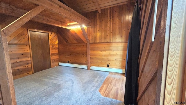 bonus room with wood ceiling, carpet flooring, lofted ceiling with beams, and wood walls