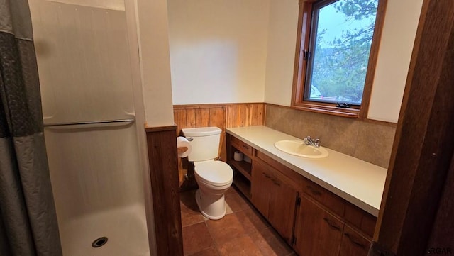 bathroom with a shower, a healthy amount of sunlight, vanity, and toilet