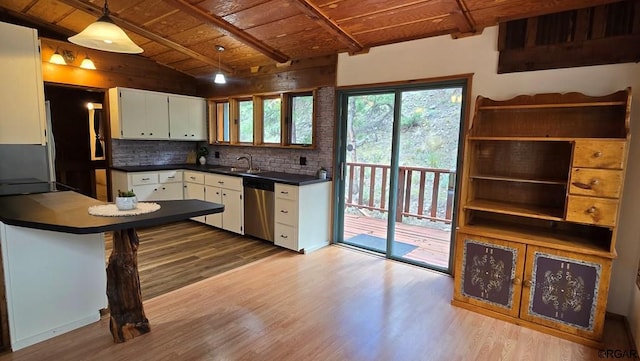 kitchen with tasteful backsplash, white cabinetry, stainless steel dishwasher, and wooden ceiling