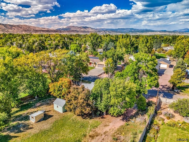 drone / aerial view featuring a mountain view