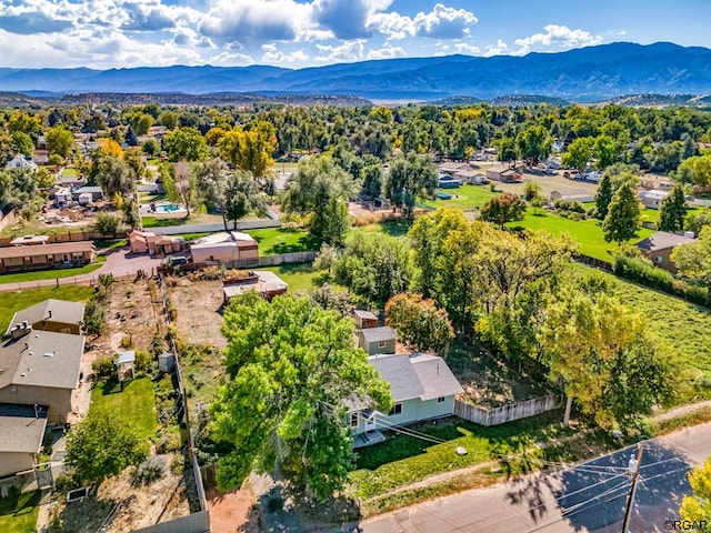 drone / aerial view featuring a mountain view