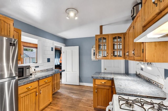 kitchen with decorative backsplash, ventilation hood, stainless steel appliances, and light wood-type flooring