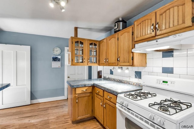 kitchen featuring light hardwood / wood-style flooring, backsplash, and white gas range oven