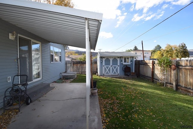 view of yard featuring a patio area and a storage unit