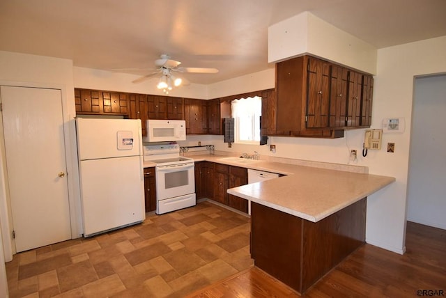 kitchen featuring ceiling fan, sink, white appliances, and kitchen peninsula