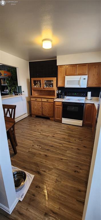 kitchen featuring electric range and dark hardwood / wood-style floors