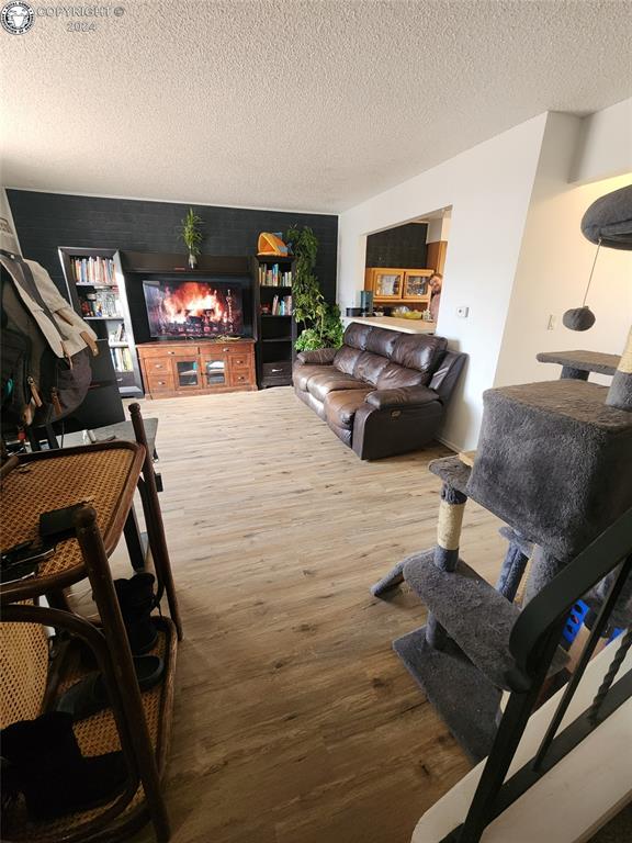 living room featuring hardwood / wood-style floors and a textured ceiling