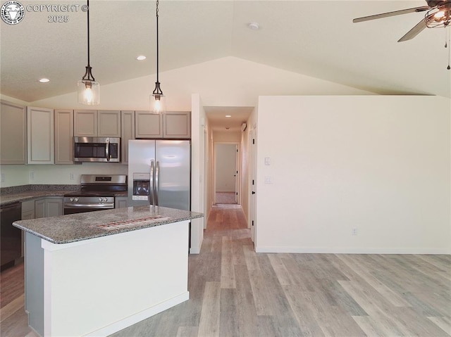 138 Jerry Dr, Westcliffe, CO 81252 - kitchen featuring lofted ceiling, gray cabinets, ceiling fan, light wood-style flooring, and appliances with stainless steel finishes