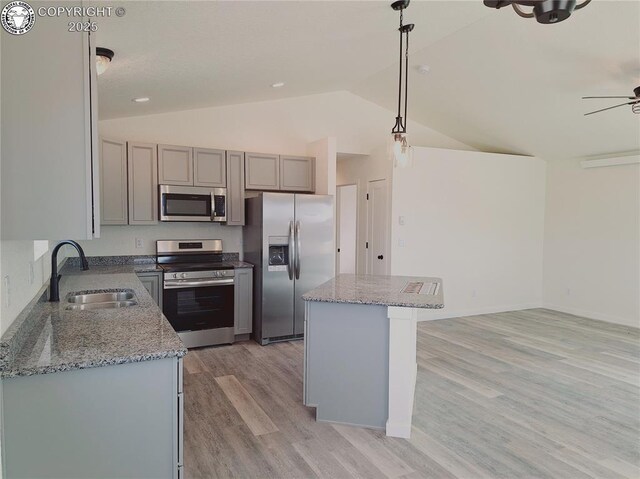 138 Jerry Dr, Westcliffe, CO 81252 - kitchen with light wood-style flooring, gray cabinetry, a sink, a ceiling fan, and appliances with stainless steel finishes