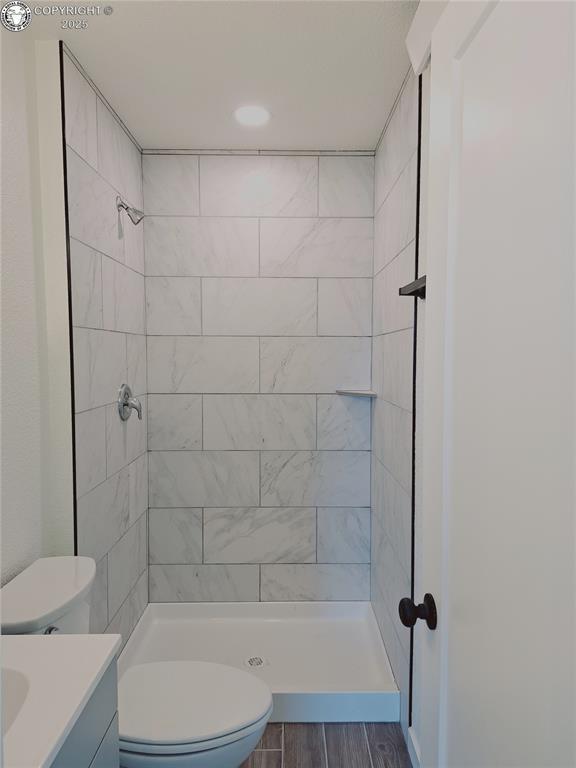 138 Jerry Dr, Westcliffe, CO 81252 - bathroom featuring toilet, a stall shower, vanity, and wood finished floors