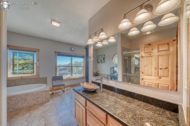 2680 Wild Bill Blvd, Westcliffe, CO 81252 - bathroom featuring a stall shower, vanity, a bath, tile patterned floors, and a textured ceiling