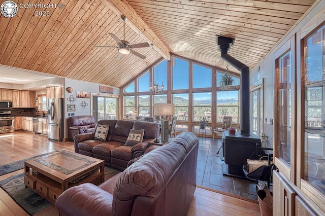 2680 Wild Bill Blvd, Westcliffe, CO 81252 - living area featuring ceiling fan, a wood stove, light wood-style floors, high vaulted ceiling, and wood ceiling