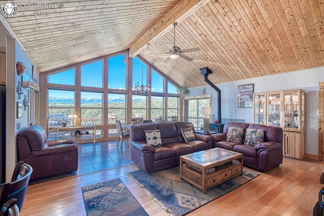 2680 Wild Bill Blvd, Westcliffe, CO 81252 - living room featuring a wood stove, ceiling fan, high vaulted ceiling, hardwood / wood-style flooring, and a wood ceiling with exposed beams