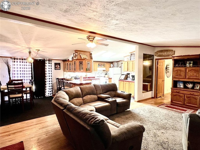 925 C St, Penrose, CO 81240 - living room featuring a textured ceiling, light wood-style flooring, crown molding, and a ceiling fan