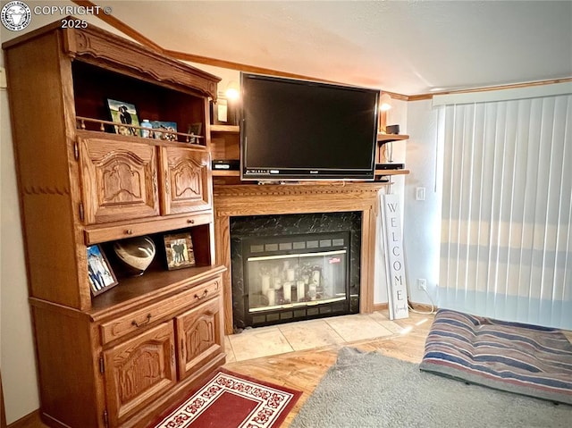 925 C St, Penrose, CO 81240 - living room featuring a fireplace with flush hearth and light tile patterned flooring