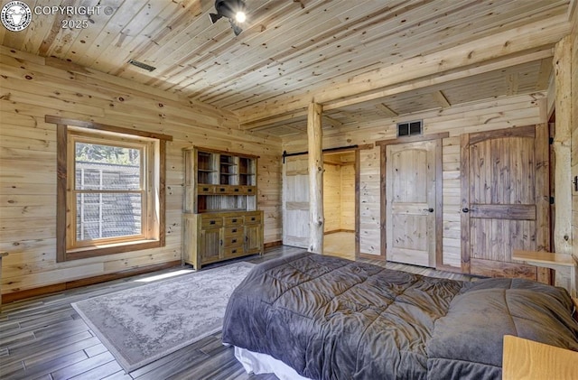 540 County Road 356, Westcliffe, CO 81252 - bedroom with wooden walls, wooden ceiling, and wood finished floors