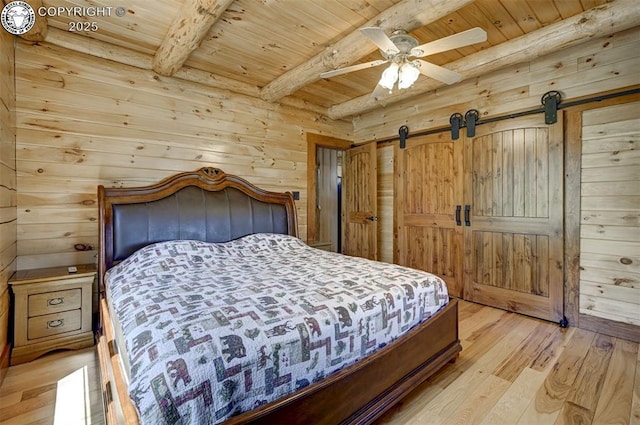 540 County Road 356, Westcliffe, CO 81252 - bedroom featuring wooden ceiling with exposed beams, a barn door, light wood-type flooring, wooden walls, and ceiling fan