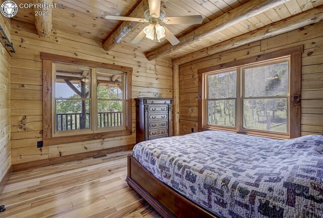 540 County Road 356, Westcliffe, CO 81252 - bedroom featuring wooden ceiling with exposed beams, wood walls, multiple windows, and light wood-style floors