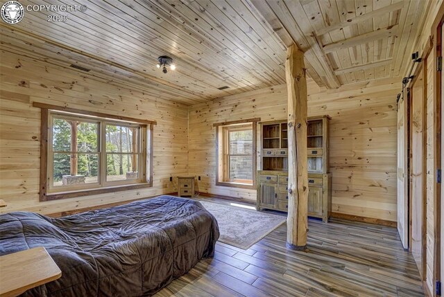 540 County Road 356, Westcliffe, CO 81252 - bedroom featuring wooden ceiling, multiple windows, wooden walls, and wood finished floors