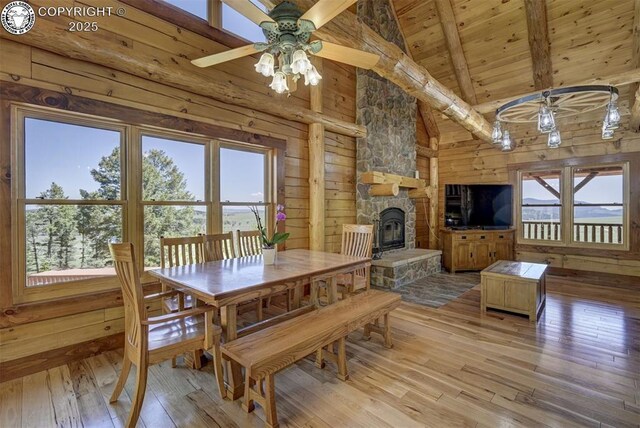 540 County Road 356, Westcliffe, CO 81252 - dining room with wood ceiling with exposed beams, light wood-style flooring, healthy amount of natural light, a ceiling fan, and high vaulted ceiling