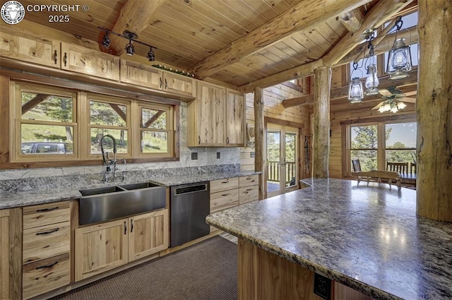 540 County Road 356, Westcliffe, CO 81252 - kitchen with dishwasher, a sink, light brown cabinetry, wooden ceiling, and wooden walls