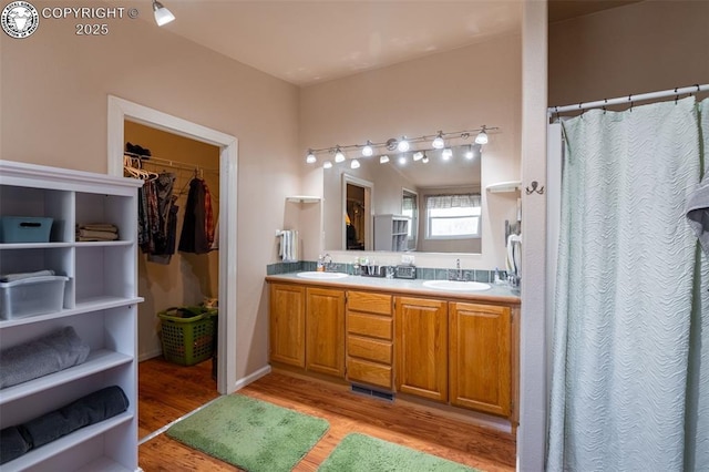 bathroom featuring double vanity, a spacious closet, a sink, and wood finished floors