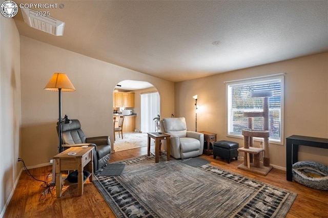 living room with arched walkways, baseboards, and wood finished floors