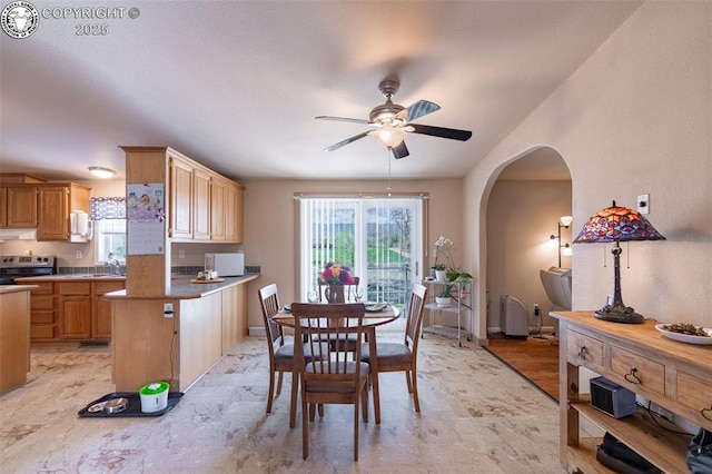 dining space with arched walkways, ceiling fan, and a wealth of natural light
